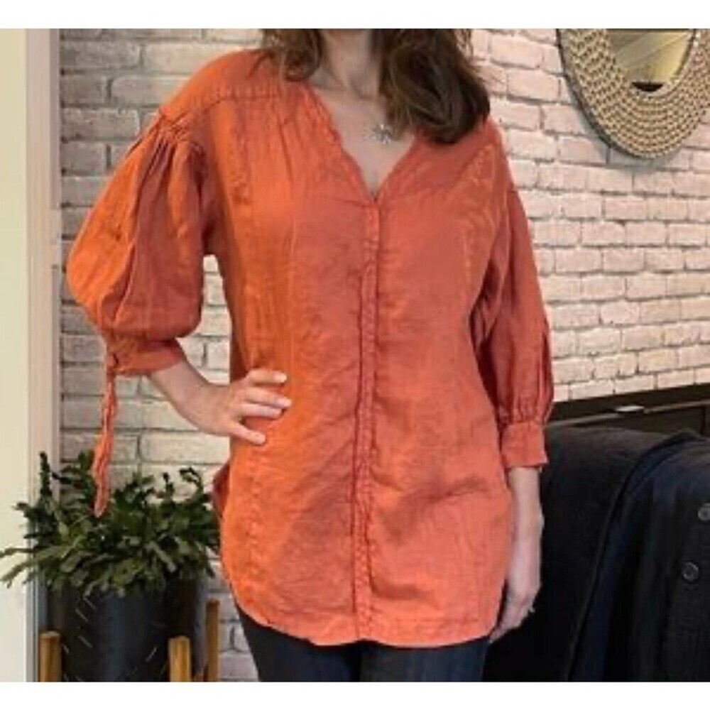 Holding Horses top Anthropologie Ginnie Tie Sleeve Linen Tunic Orange Size MD